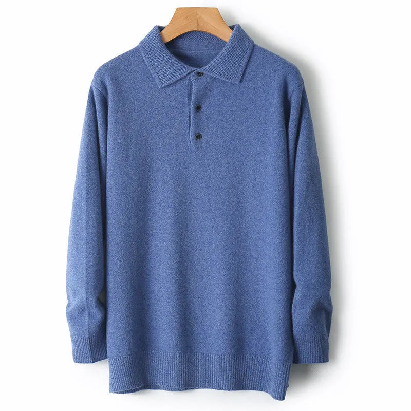 Men's grey woolen pullover sweater with a polo collar, shown on a hanger.