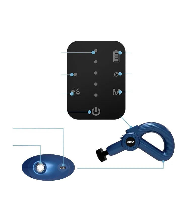 Black smart muscle massage gun with hot compress and ice compress functions on a table