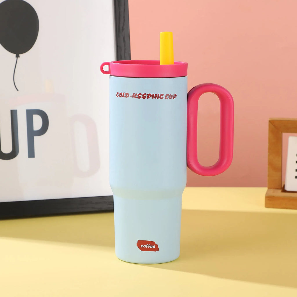 Portable straw cup with carry handle in multiple colour options showing heat preservation and cold storage properties