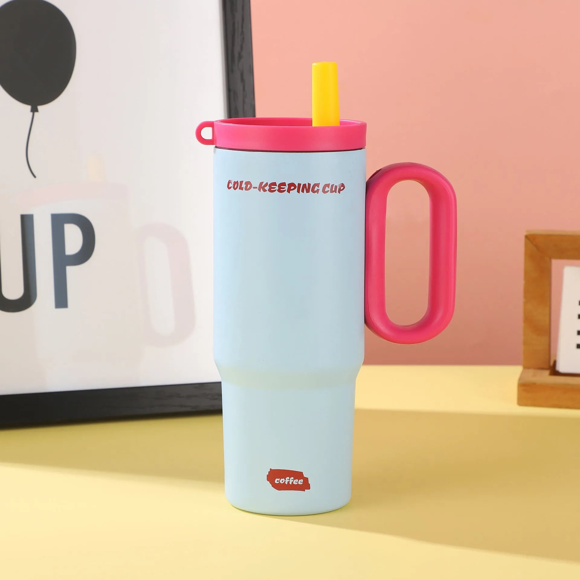 Portable straw cup with carry handle in multiple colour options showing heat preservation and cold storage properties