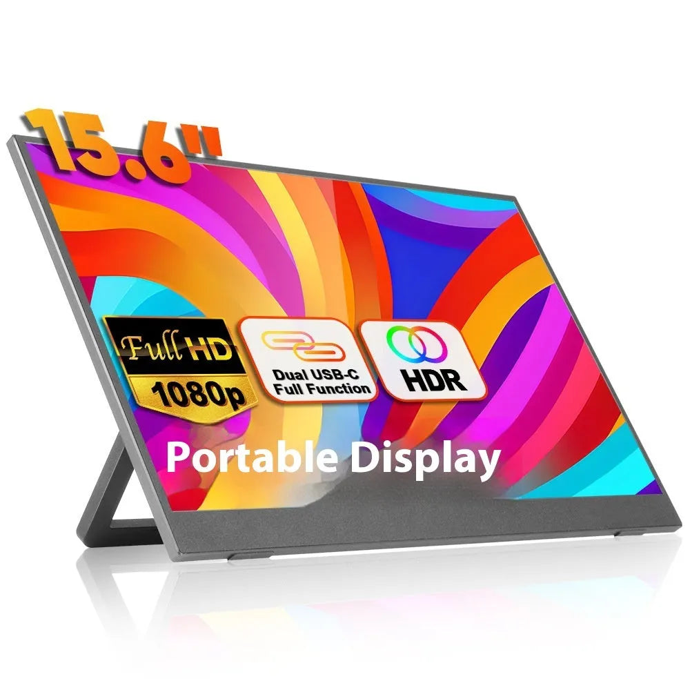Black 15.6-inch portable computer monitor on an adjustable stand, showing a desktop screen.