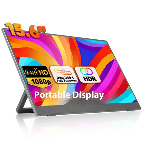 Black 15.6-inch portable computer monitor on an adjustable stand, showing a desktop screen.