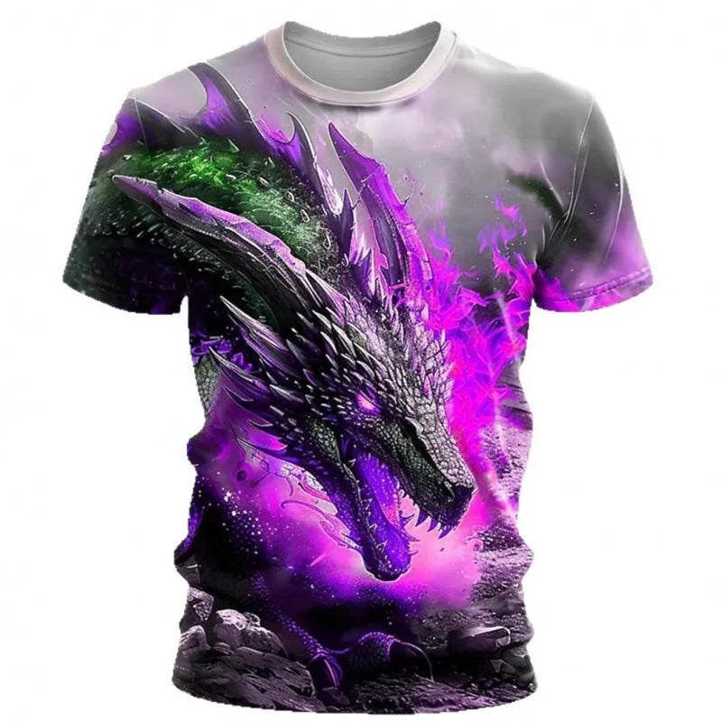 Men's short-sleeved T-shirt with 3D wind dragon printed design in thin milk silk polyester fabric