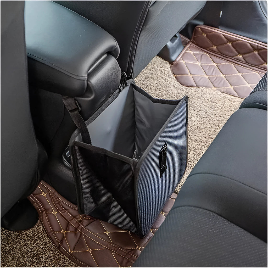 Black Oxford cloth car folding trash can showing expanded 22cm square shape and hanging strap