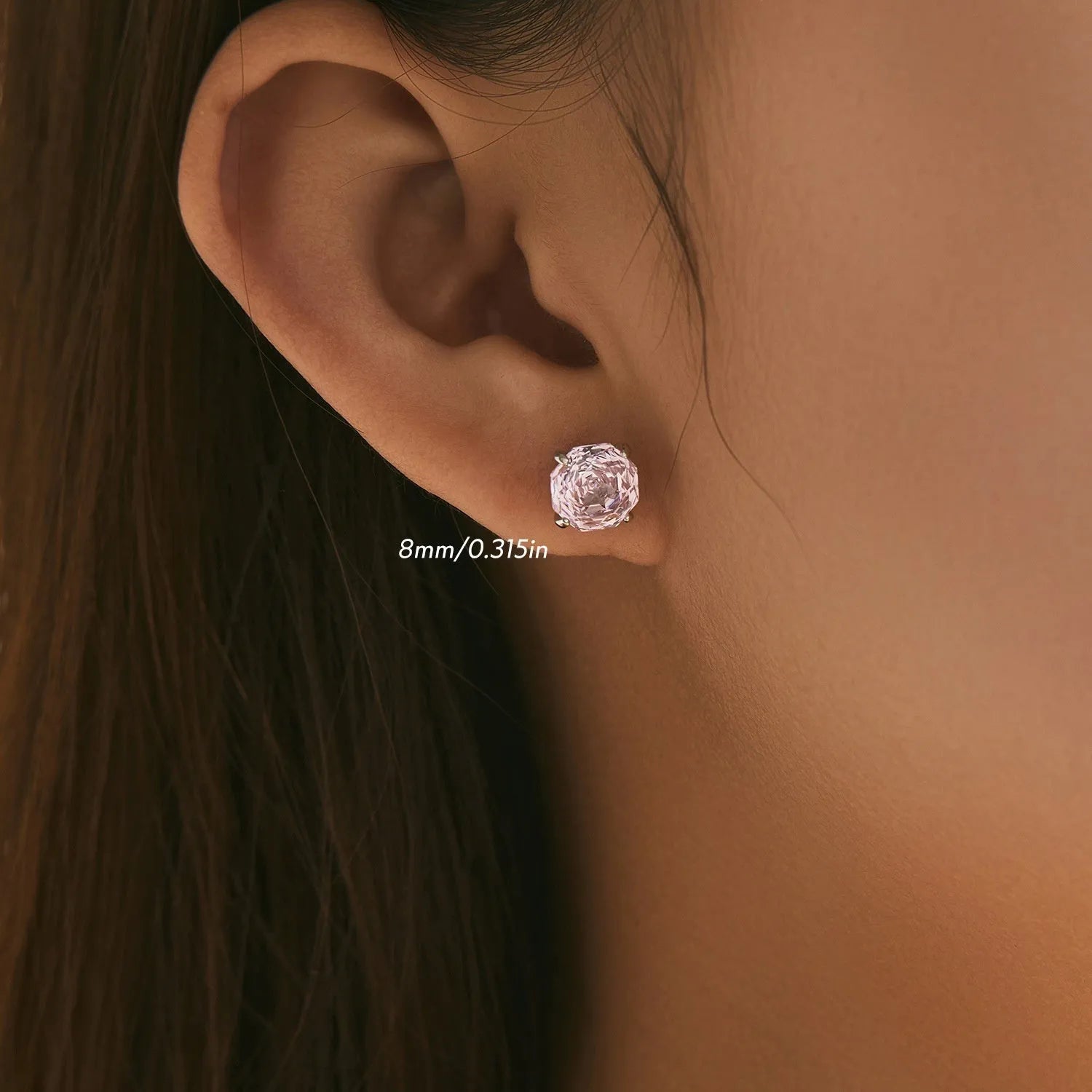 Close-up of S925 sterling silver rose stud earrings for women in pink, showing 6mm and 8mm size options.