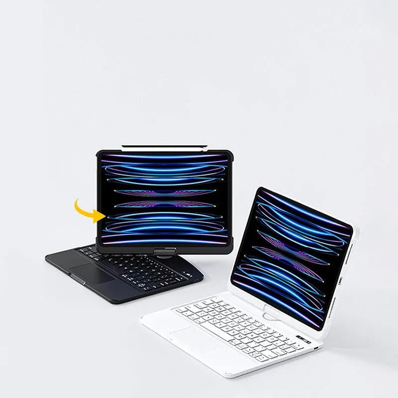 Transparent protective case with integrated wireless Bluetooth keyboard for iPad Pro and iPad Air models.