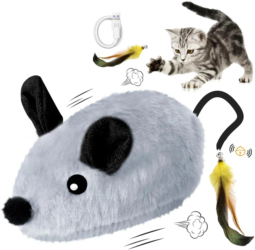 Grey and yellow rechargeable LED automatic moving cat mouse toy with feather and bell tail on floor