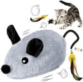 Grey and yellow rechargeable LED automatic moving cat mouse toy with feather and bell tail on floor