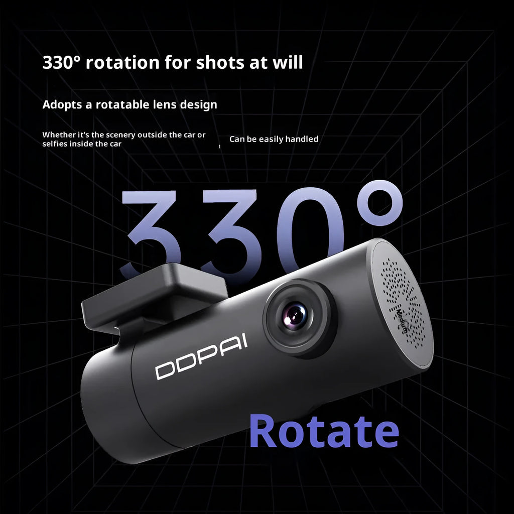 Mini Lite driving recorder with 1296p resolution, starlight night vision, 140-degree lens, and built-in Wi-Fi module on windscreen