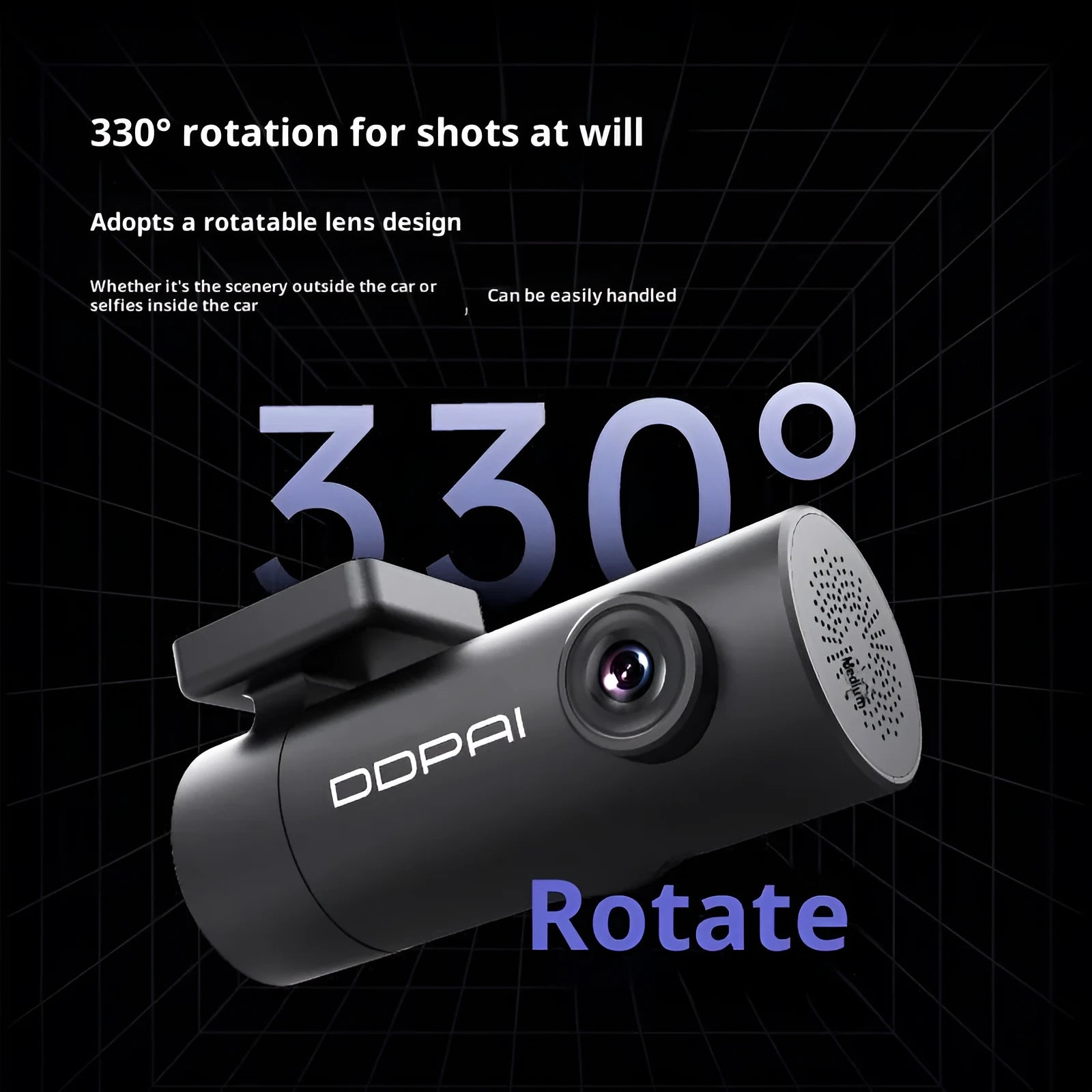Mini Lite driving recorder with 1296p resolution, starlight night vision, 140-degree lens, and built-in Wi-Fi module on windscreen