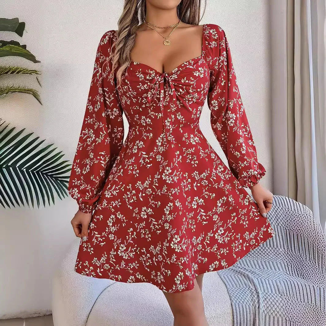 Stylish floral dress with lantern sleeves in various colors and sizes, showcasing a comfortable and flattering A-line silhouette.