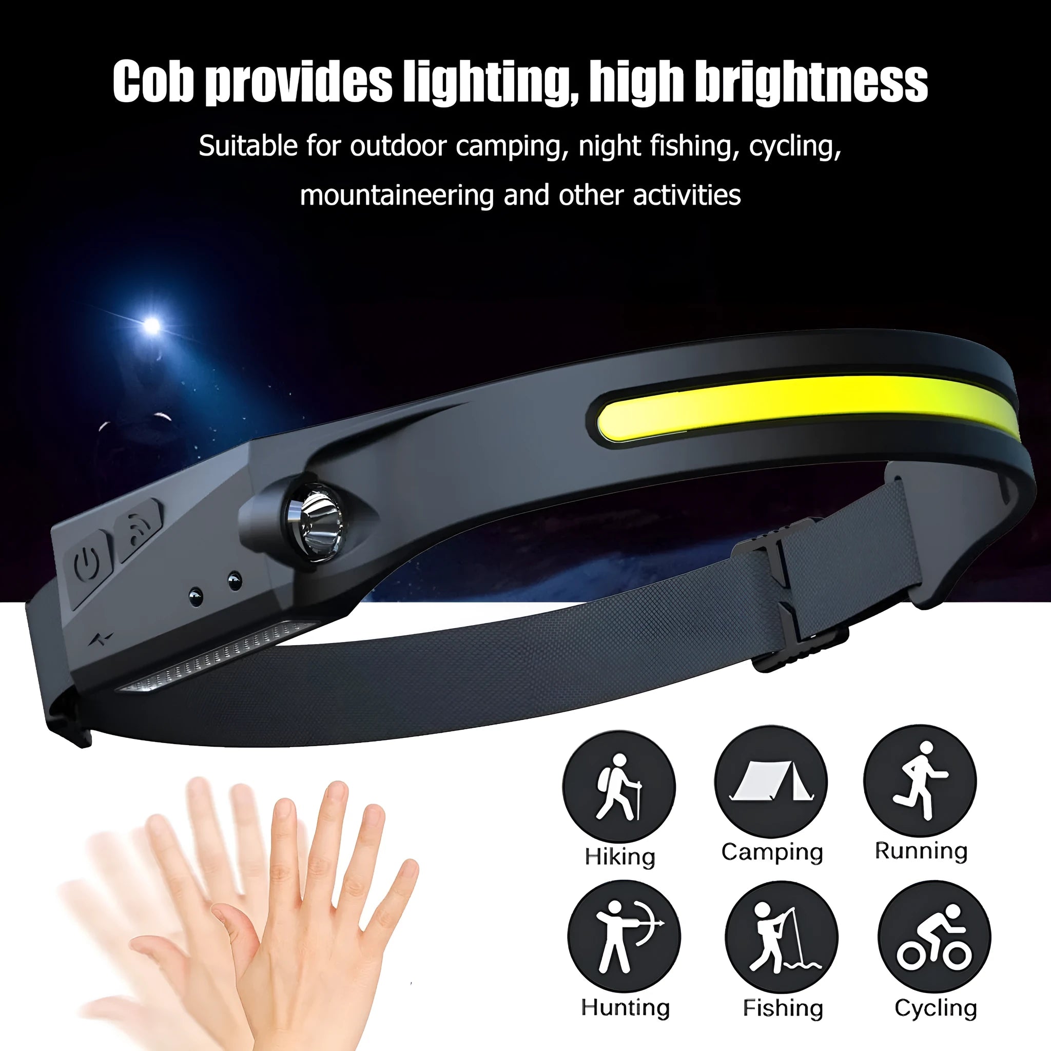 Black silicone USB-rechargeable headlamp with a wide COB LED lens and a side wave sensor.