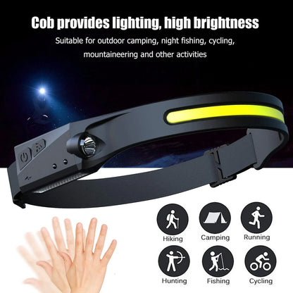 COB LED Induction Riding Headlamp Flashlight with USB rechargeable and waterproof features for outdoor activities