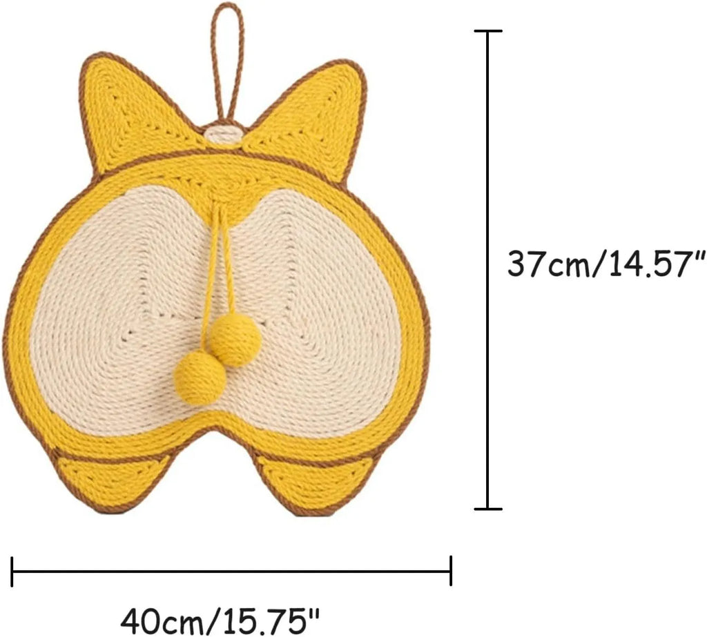 Yellow sisal cat scratching board with corgi design and anti-slip base measuring 37x40cm