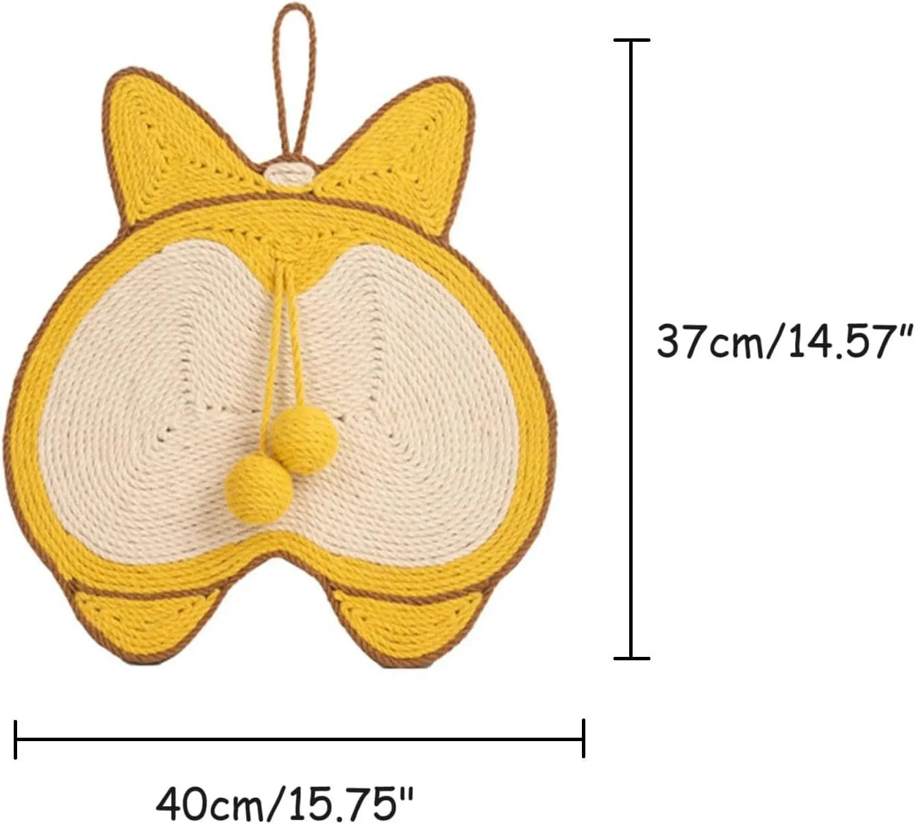 Yellow sisal cat scratching board with corgi design and anti-slip base measuring 37x40cm