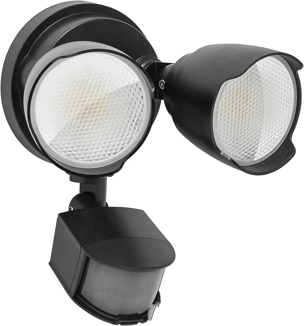 White 120V LED security floodlight with motion sensor showing wall mount bracket and dimensions.