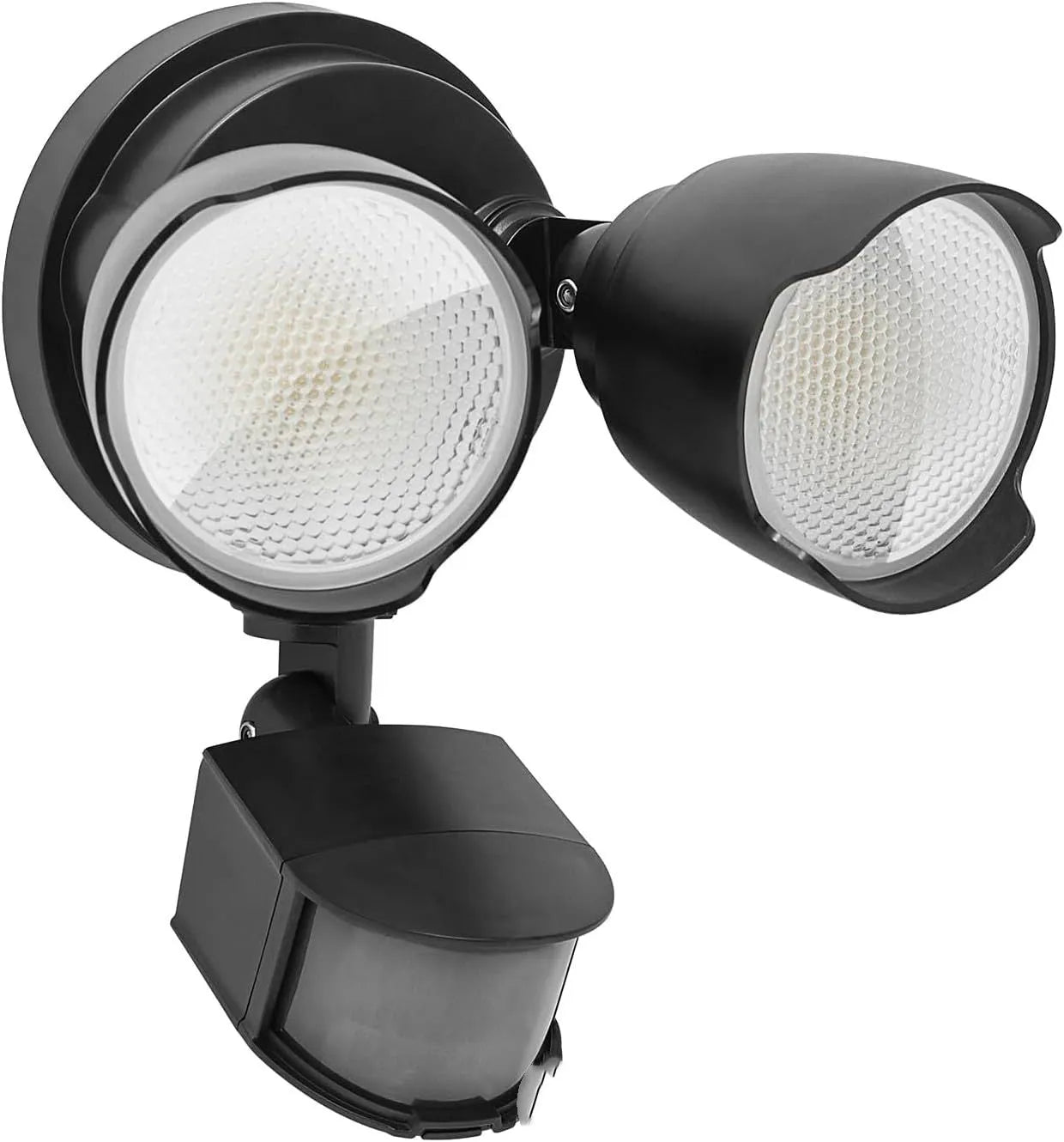 White 120V LED security floodlight with motion sensor showing wall mount bracket and dimensions.