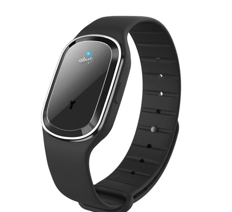 Ultrasonic mosquito repellent wristband in various colours, showcasing waterproof design and optional clock feature.