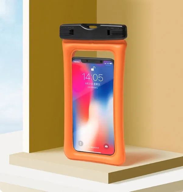 IPX8 certified mobile waterproof bag floating on water with phone visible through touch window