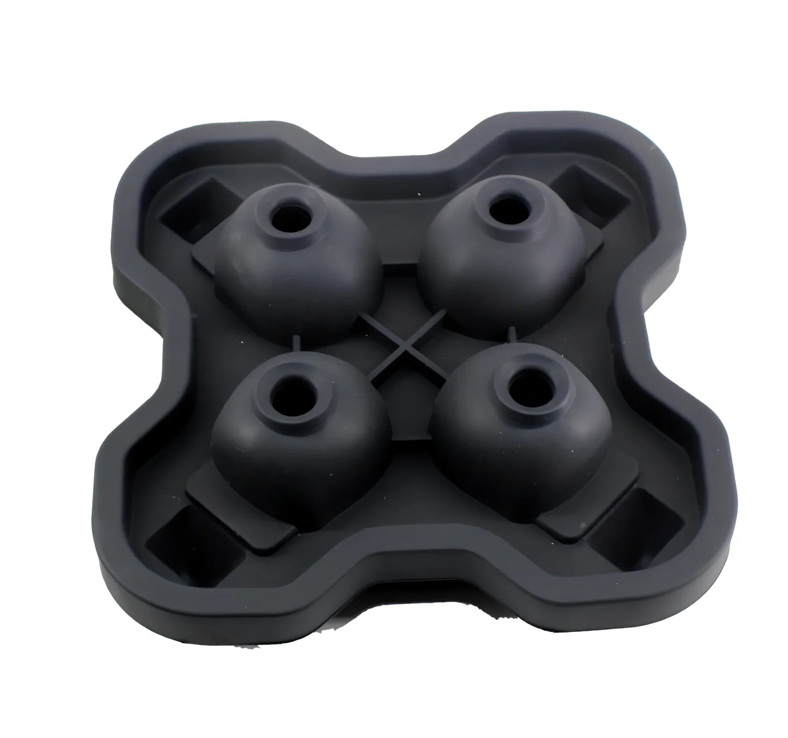 Black silicone ice cube tray with four skull-shaped cavities measuring 12cm long