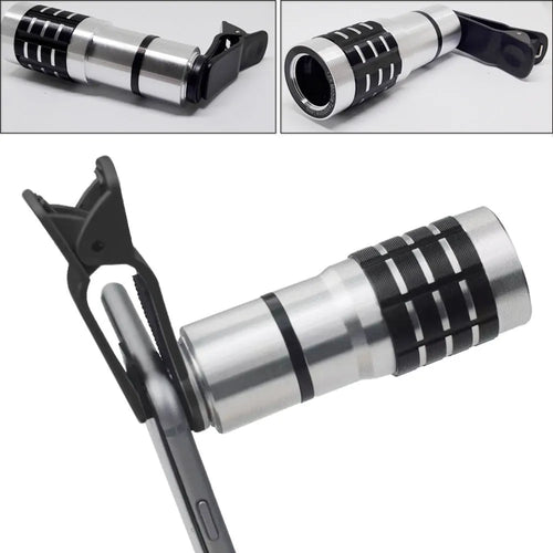 12x telescopic zoom lens with universal clip attached to a mobile phone for outdoor filming.