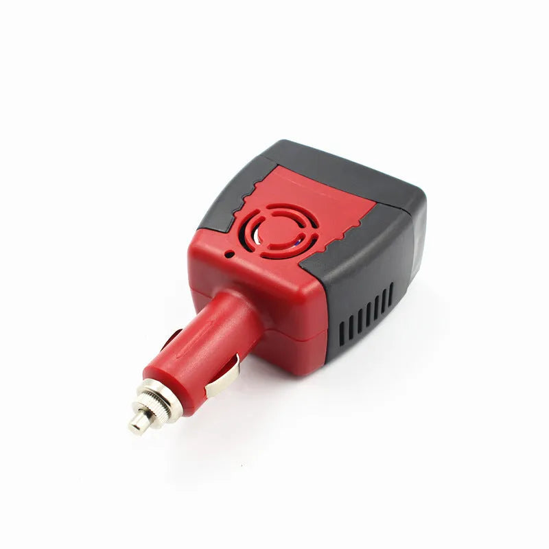 Black and red 150W car power inverter with AC outlets and USB port