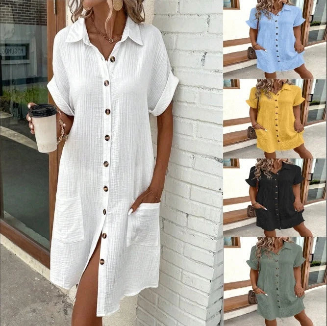 Summer short sleeve shirt dress in various colours, showcasing loose fit and mid-length design
