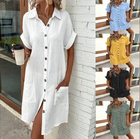 Summer short sleeve shirt dress in various colours, showcasing loose fit and mid-length design
