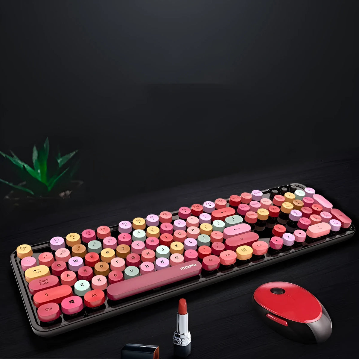 Sweet lipstick mixed colour wireless keyboard and mouse set with colourful key caps and small USB receiver on desk