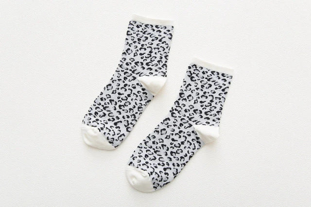 Leopard Dalmatian Black White Cotton Crew Socks with unique print for EU sizes 35-42