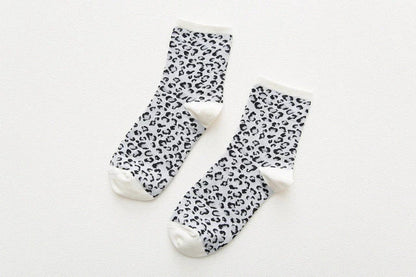 Leopard Dalmatian Black White Cotton Crew Socks with unique print for EU sizes 35-42