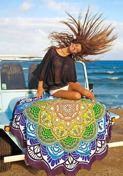 Retro ethnic tassel round bath towel yoga mat with sunshade function