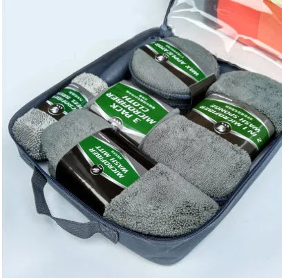 9-piece car wash cleaning kit with tyre brush, microfibre towels, sponge, glove, and waxing cakes in grey and orange