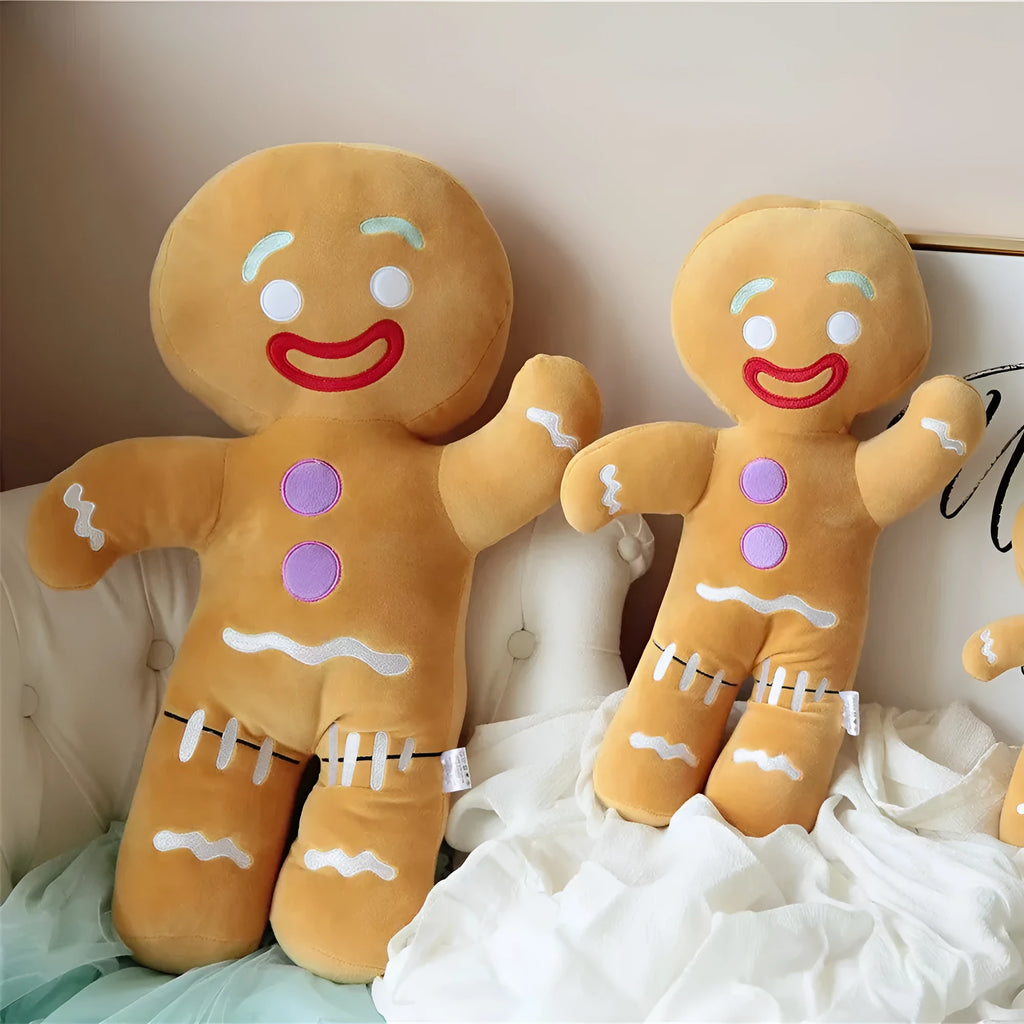 Yellow cartoon anime cookie man plush toy standing on a surface, side view, 30cm height