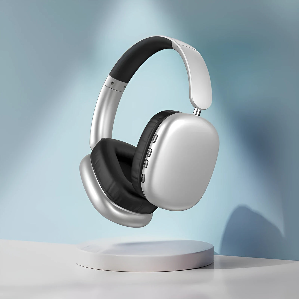 Bluetooth wireless head-mounted sports headphones with leather ear cushions in black and grey