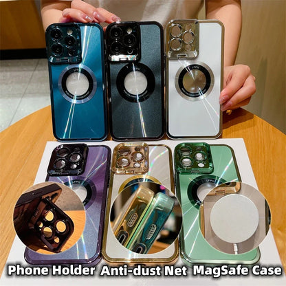 Stylish magnetic protective case for iPhone 14, 13, and 12 series with electroplated finish, MagSafe compatibility, and reinforced corners for superior protection.