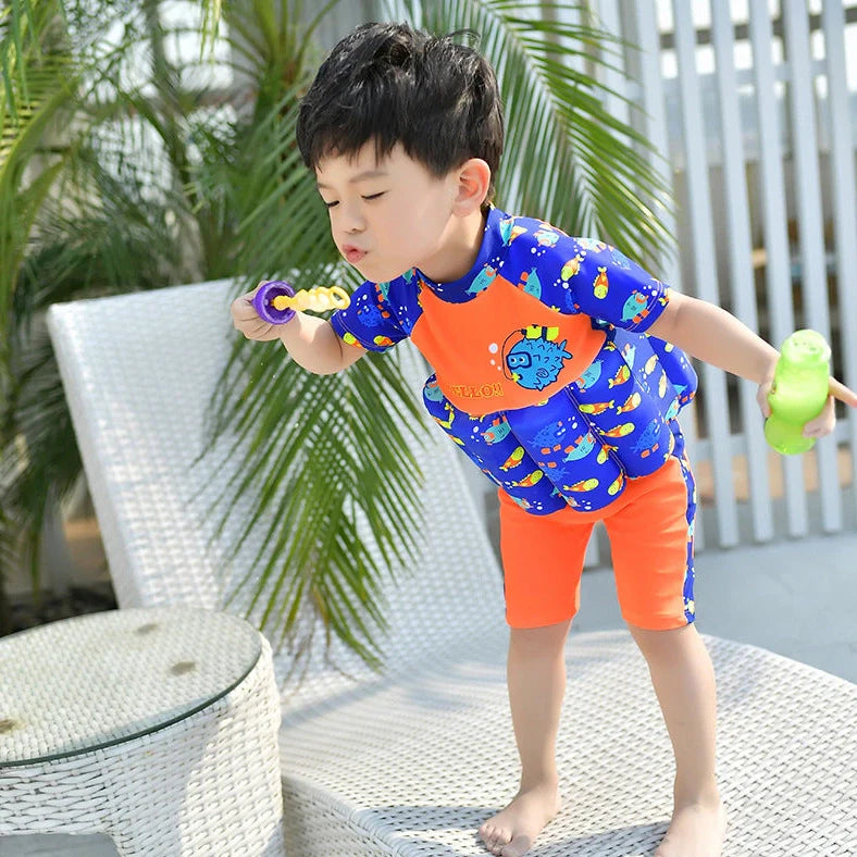 Red children's buoyancy swimsuit with dinosaur cartoon pattern for toddlers aged 1-7 years