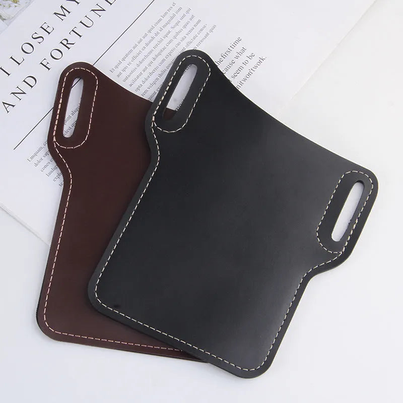 Men's PU belt waist bag square vertical shape in Black for outdoor hands-free phone carry
