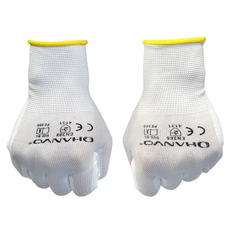 White PU coated labour gloves showing 24cm length and available in large and medium sizing options