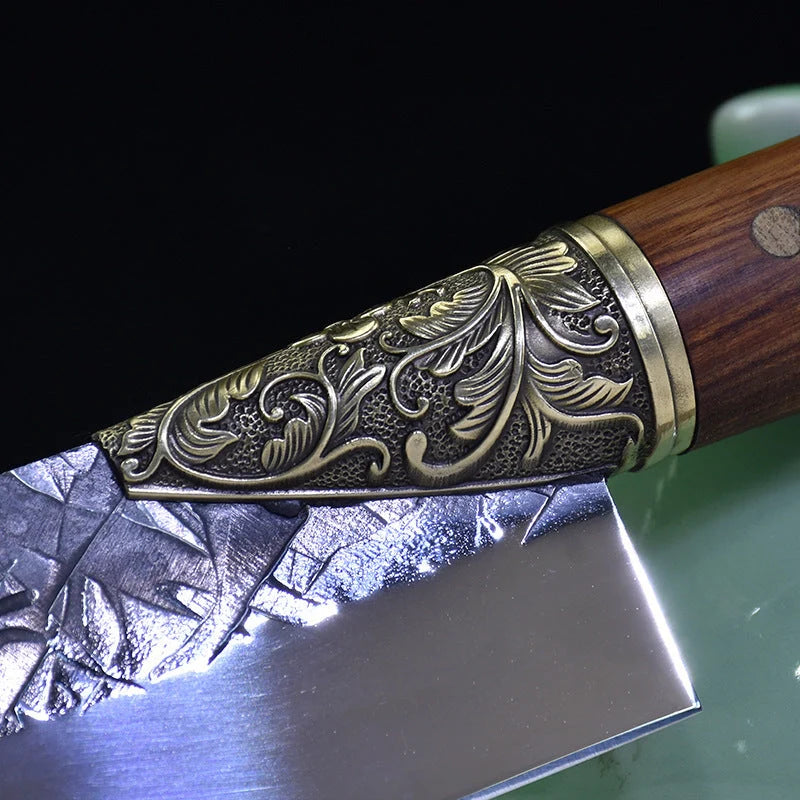 Hand-forged slicing knife with rosewood handle and leather case