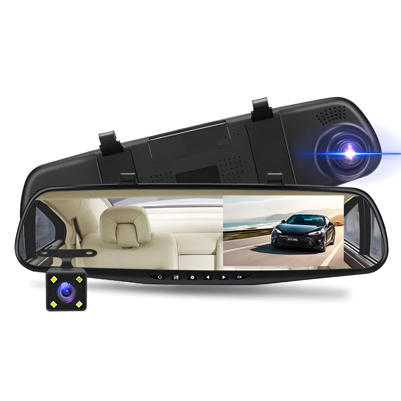 Car driving recorder with 4.3-inch screen mounted on rearview mirror, black colour, 170-degree wide-angle lens