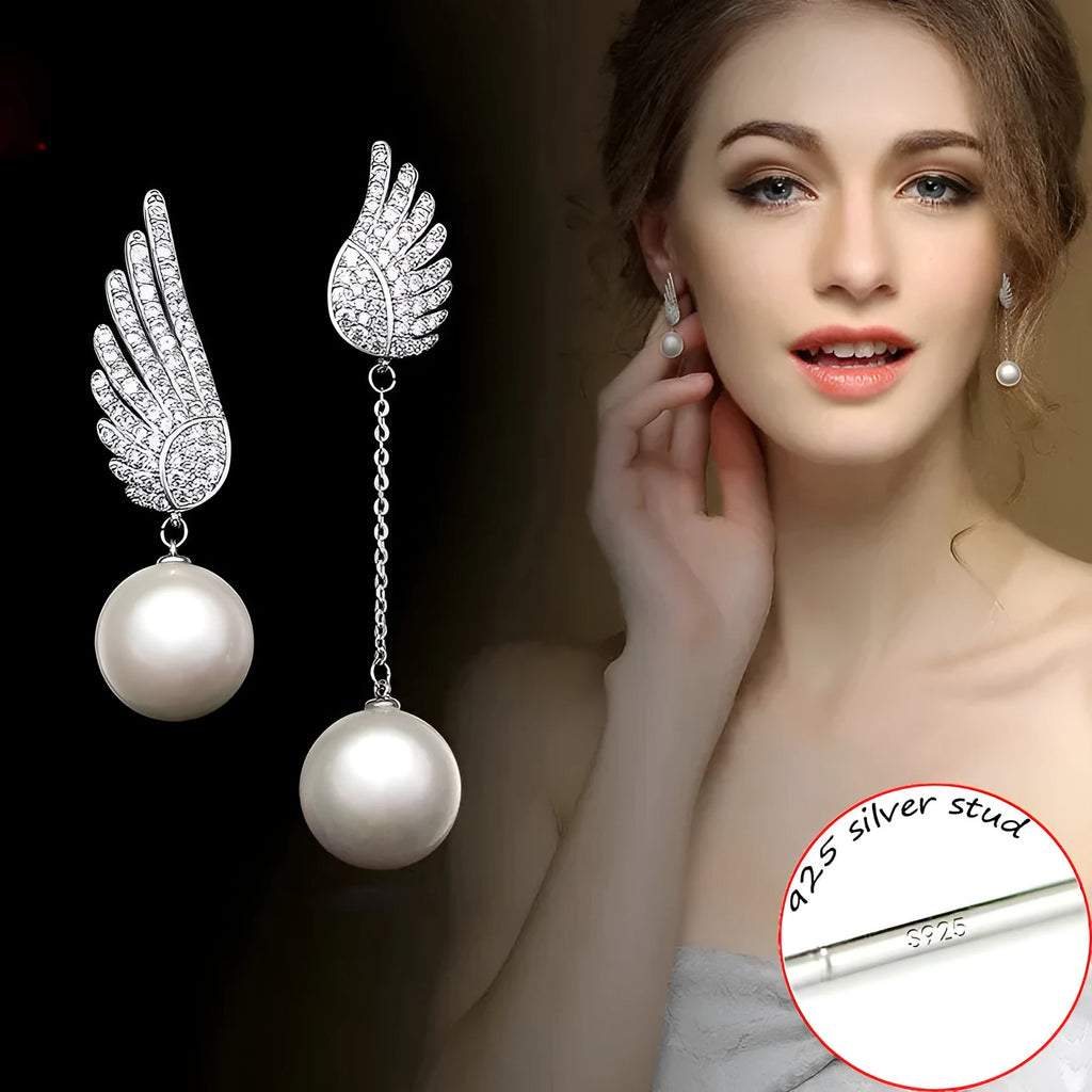 Platinum colour angel wing earrings with gemstone settings on diamond-treated silver