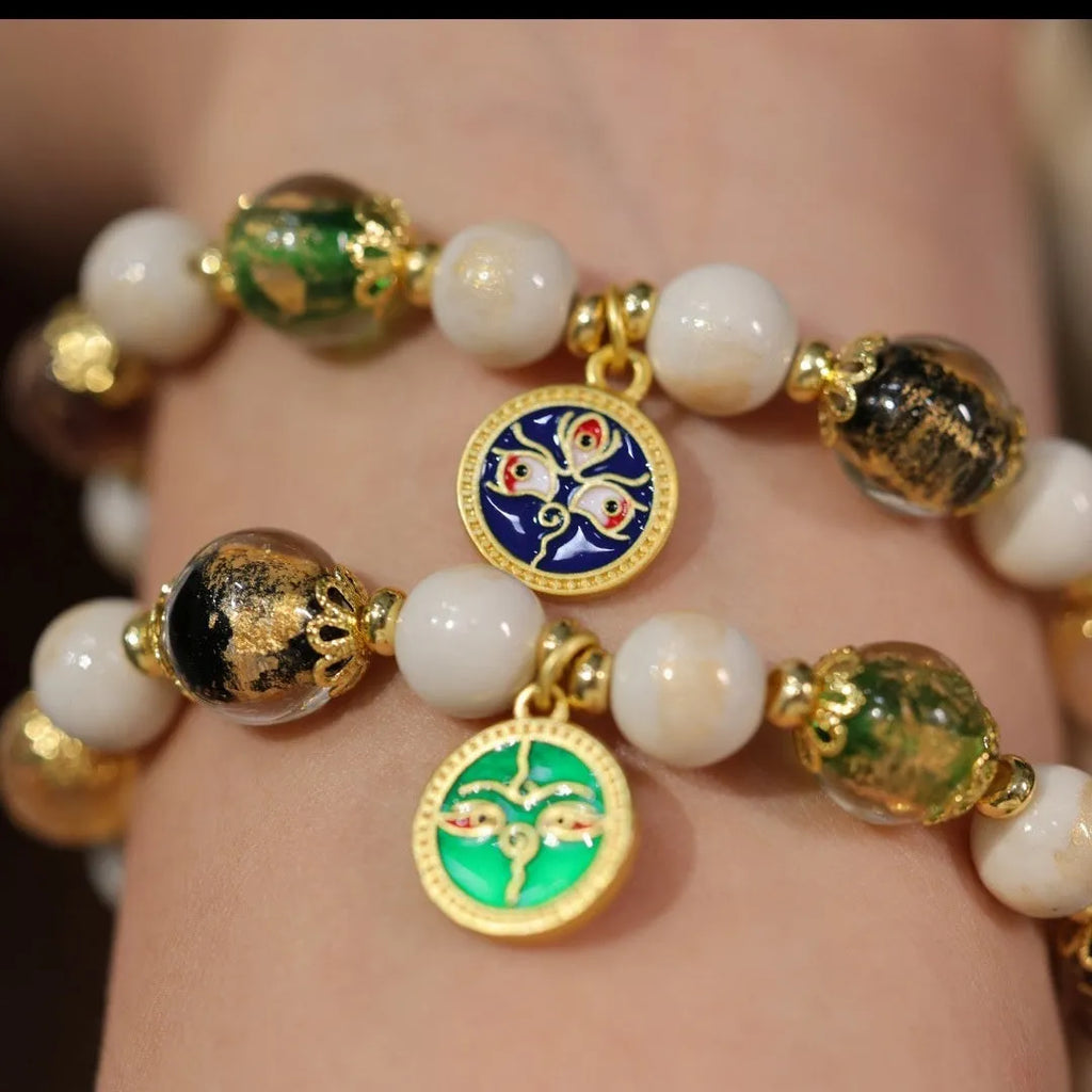 Handmade fragrant grey porcelain bracelet with gods of wealth charm and 10mm geometry beads