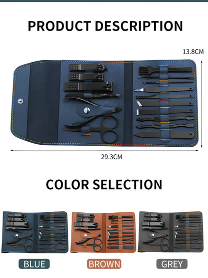 16-piece stainless steel manicure pedicure grooming kit in brown PU leather case with nail clippers and tools