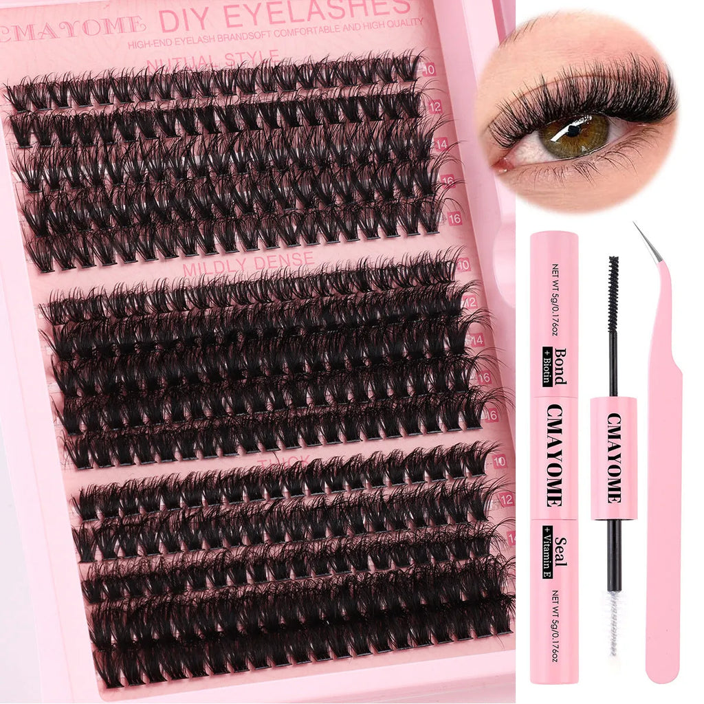 DIY single cluster false eyelash extension suit with eyelash tweezers on a white background.