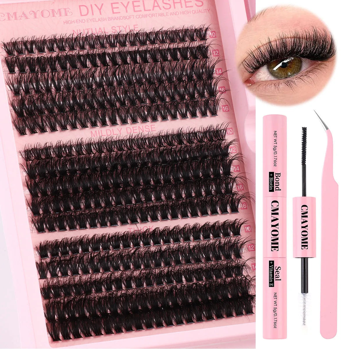 DIY single cluster false eyelash extension suit with eyelash tweezers on a white background.