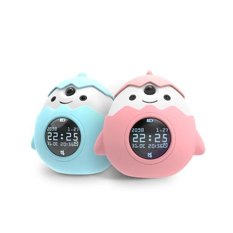 Smart alarm clock with infrared sensing and anti-myopia features in blue and pink