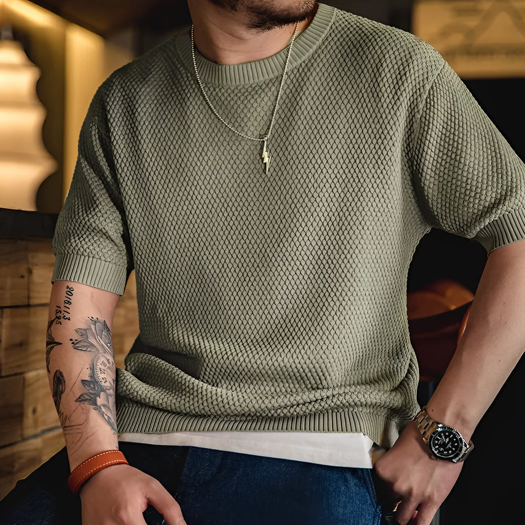 Men's 3D knitted pineapple pattern T-shirt in khaki green, front view, casual fit