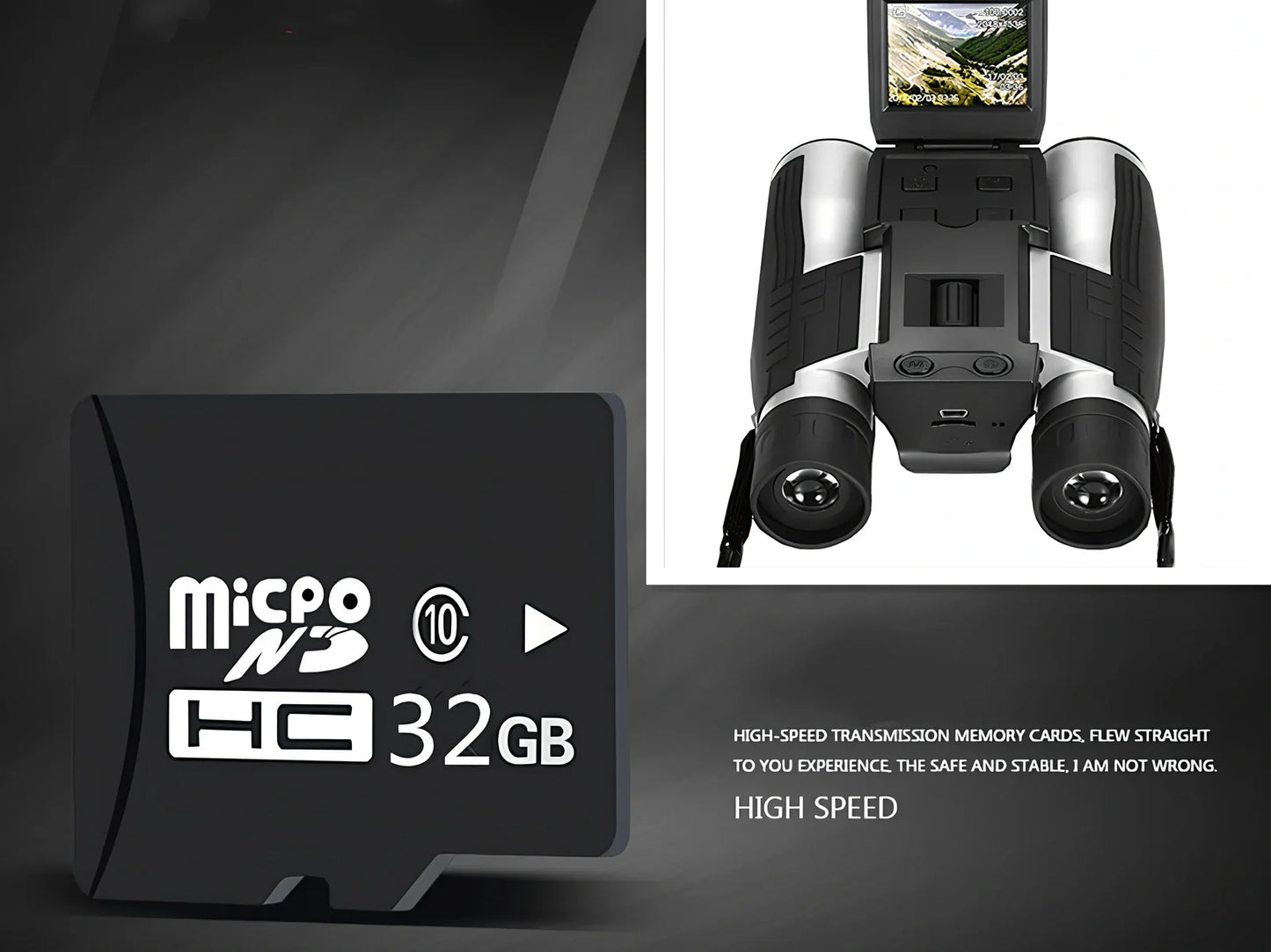 12x32 digital camera binoculars with black nylon housing and 2.5-inch LCD display