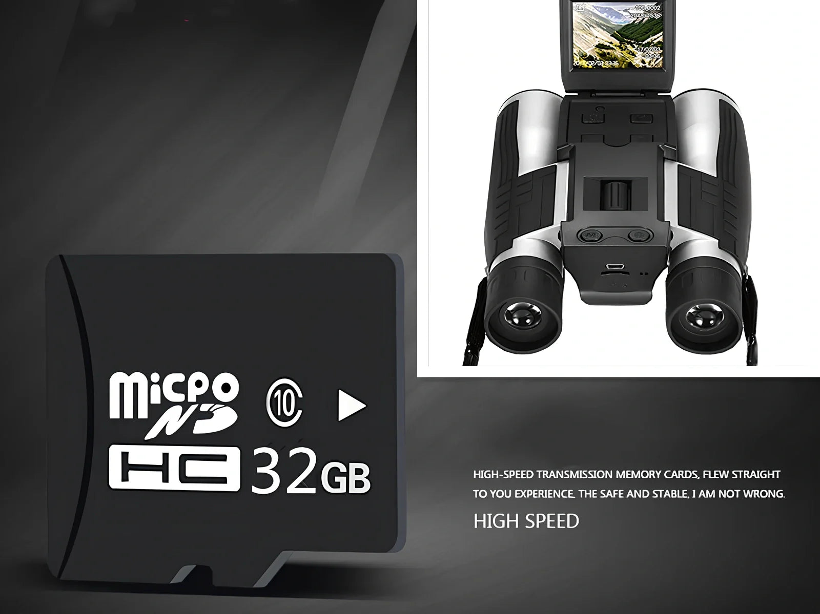 12x32 digital camera binoculars with black nylon housing and 2.5-inch LCD display